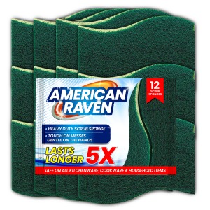 American Raven Heavy Duty Multipurpose Scrub Sponge - 12 Count, Kitchen Cleaning Dish Scrub Sponge and Scouring Pad